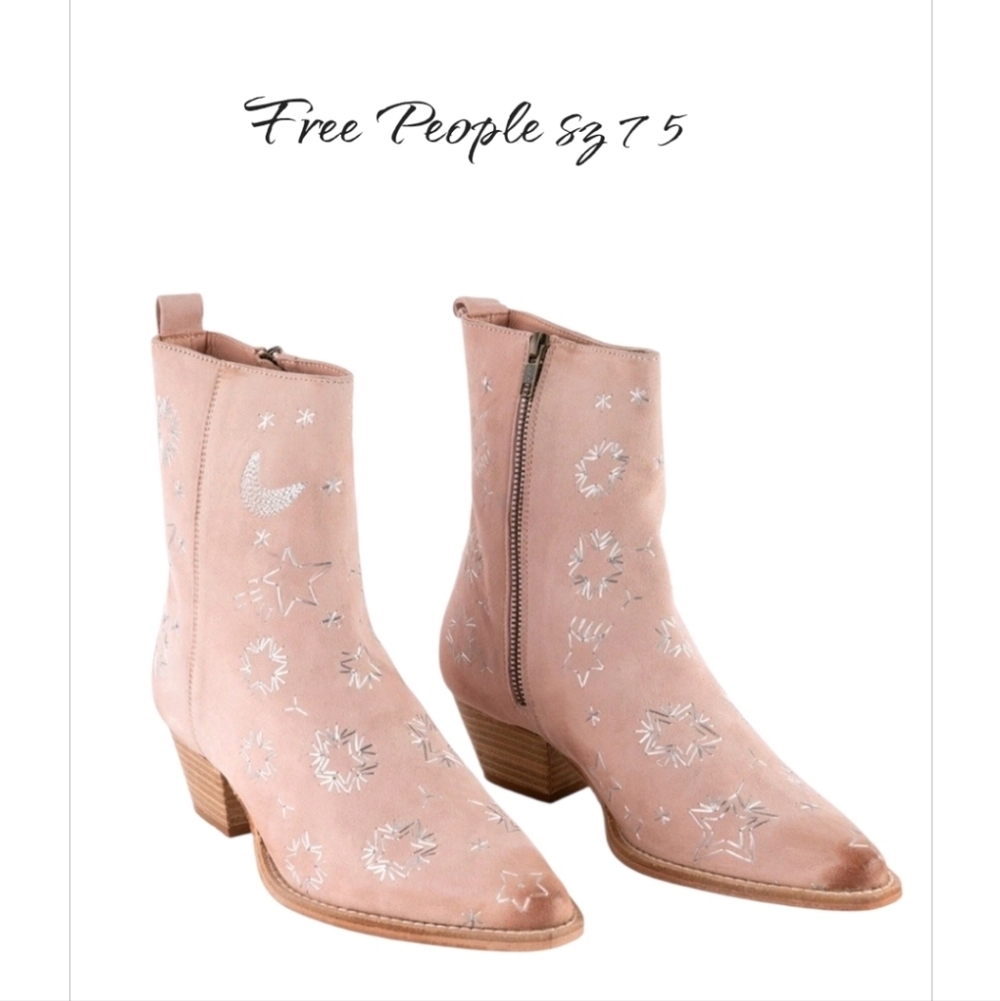 NWT Free People Bowers Embroidered Leather Western Ankle Boots Blush Pink 7.5